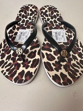 Tory Burch Black Strap Leopard-Print Flip Flops